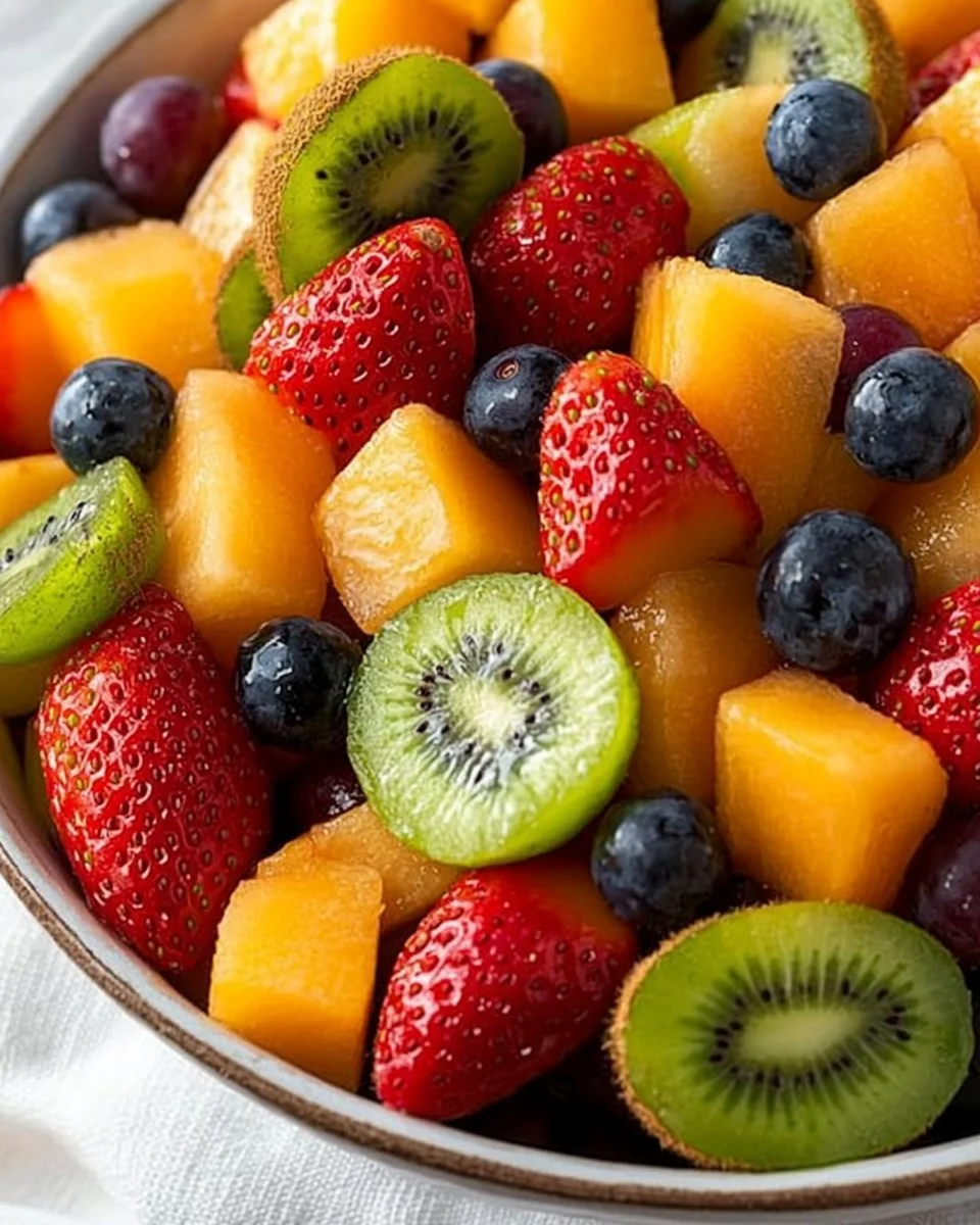 A colorful fruit salad served in a large bowl for a crowd