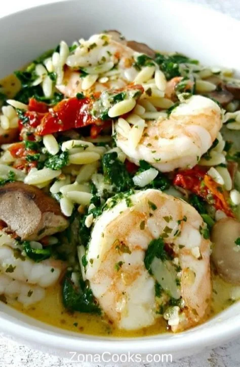 Delicious Garlic Orzo Tuscan Shrimp with fresh herbs and spices