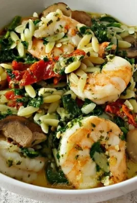 Delicious garlic orzo Tuscan shrimp dish served in a bowl.