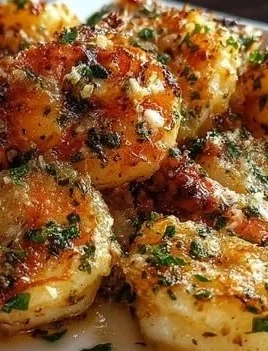 Garlic Parmesan Roasted Shrimp served on a plate garnished with parsley