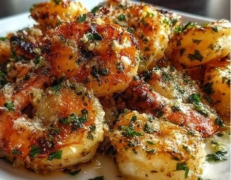 Garlic Parmesan Roasted Shrimp served on a plate garnished with parsley