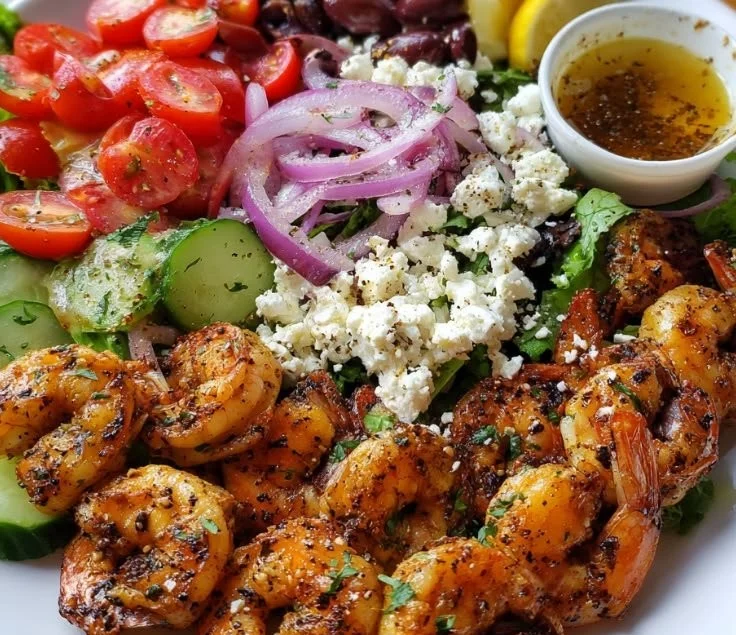 Greek Shrimp Mediterranean Bowl with fresh ingredients and vibrant flavors.
