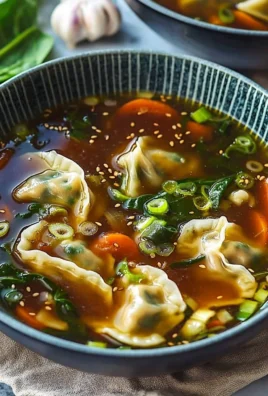 A bowl of steaming gyoza soup garnished with green onions and herbs.