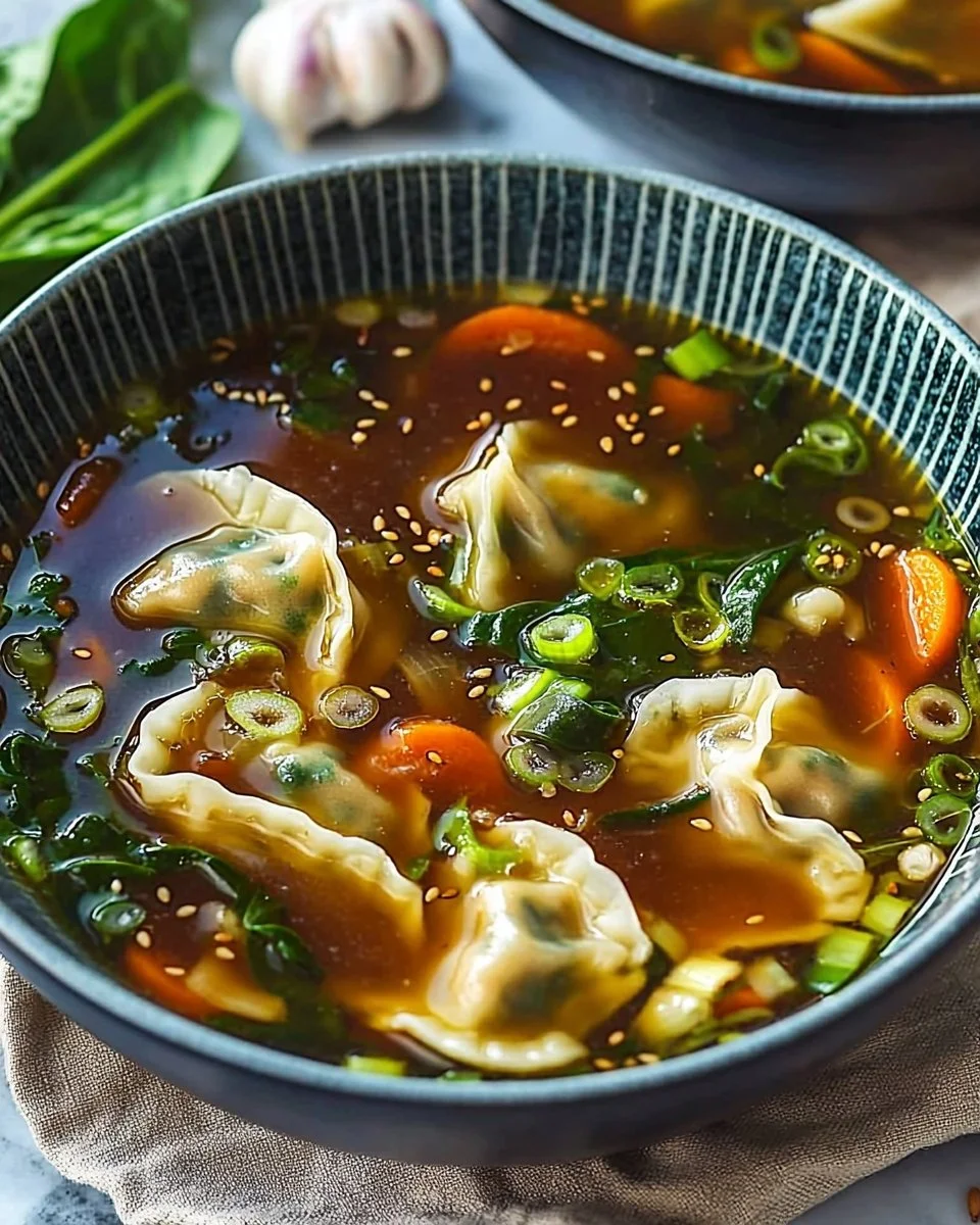 A bowl of steaming gyoza soup garnished with green onions and herbs.