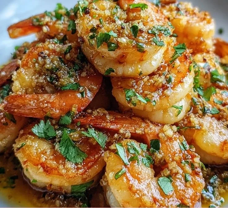 Delicious Hawaiian garlic shrimp served on a plate with herbs and lemon