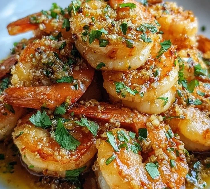 A plate of Hawaiian garlic shrimp garnished with herbs and lemon wedges