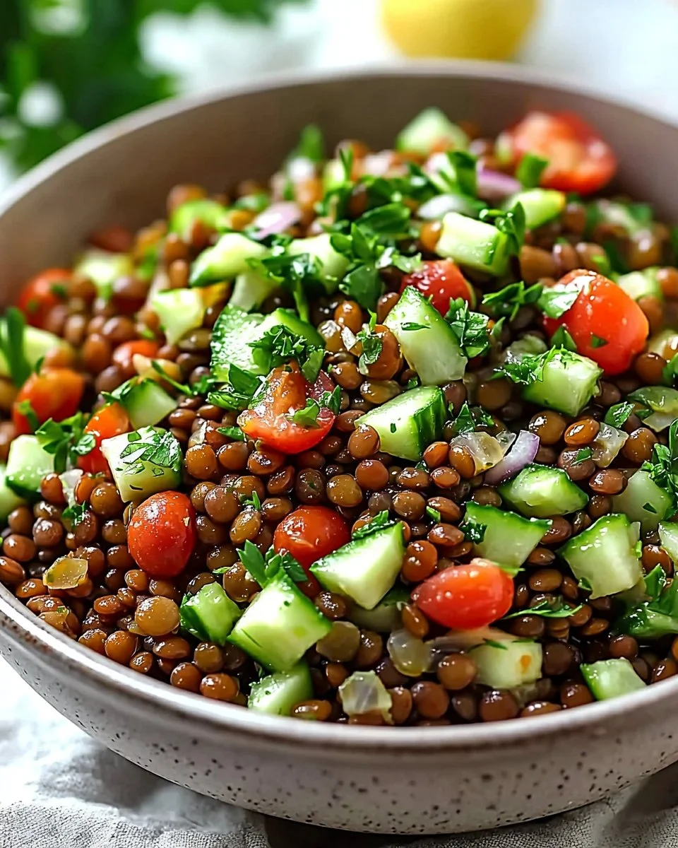 Healthy Lebanese Lentil Salad with colorful vegetables and a zesty dressing