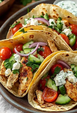Healthy Mediterranean chicken tacos with fresh vegetables and toppings