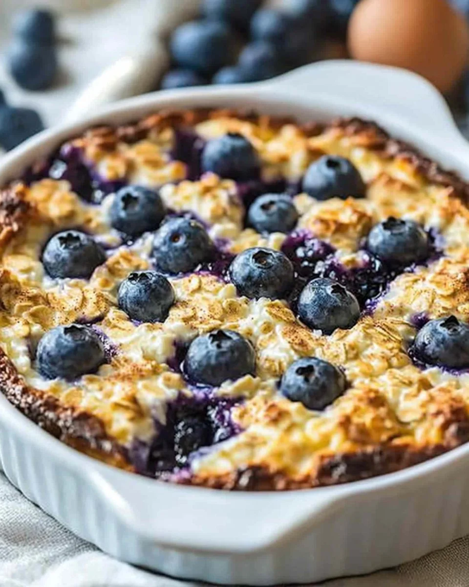 High-protein breakfast bake served on a plate with colorful toppings.