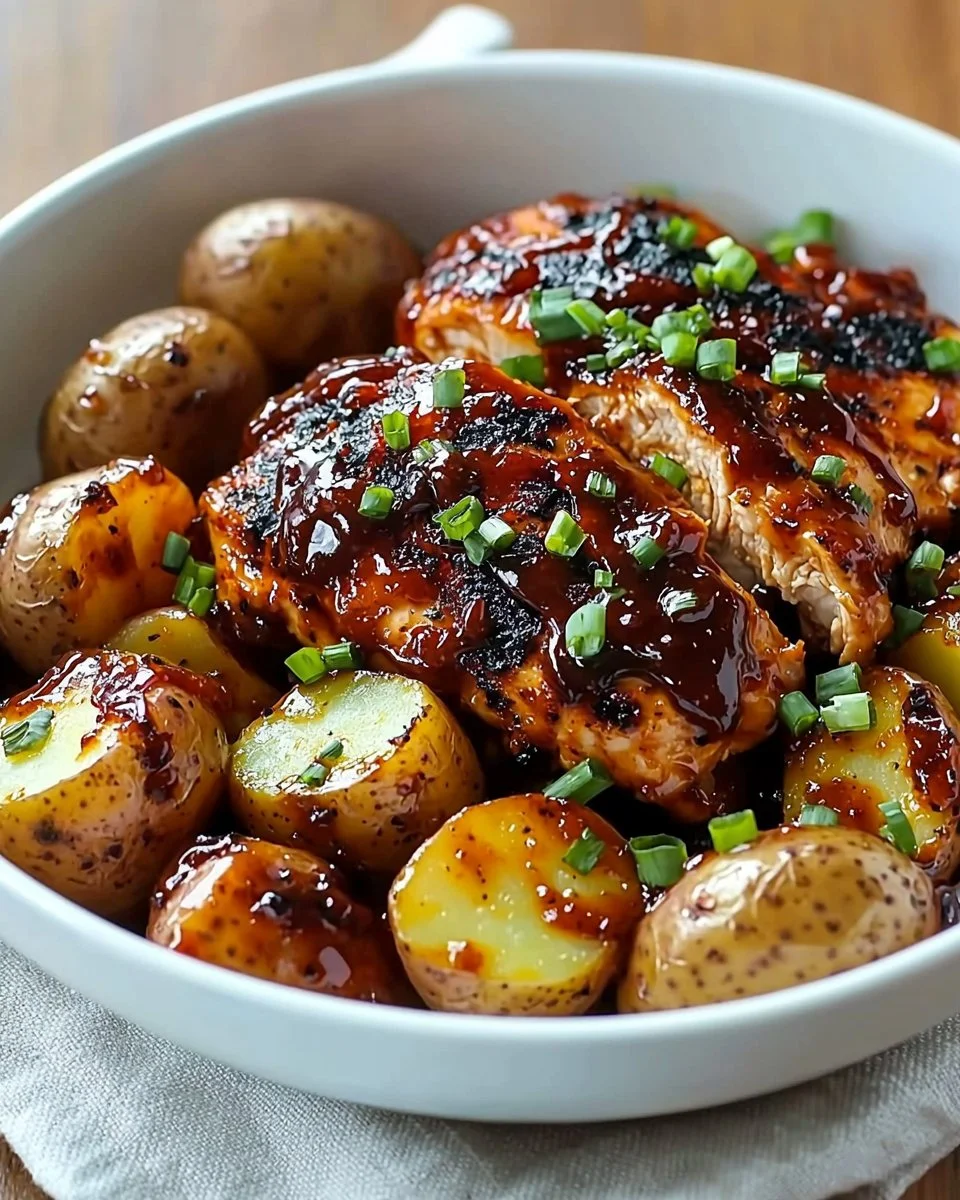 Honey BBQ chicken potatoes dish garnished and ready to serve