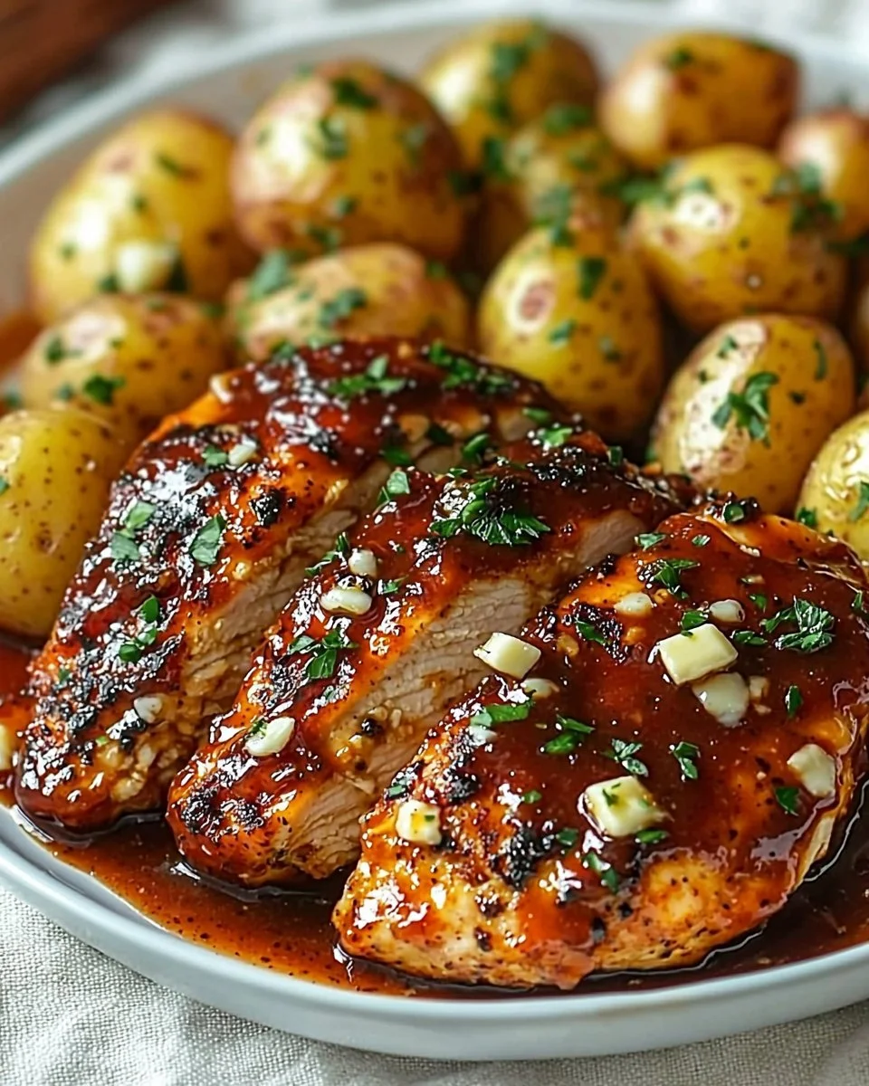 Honey BBQ Chicken served with Garlic Parmesan Potatoes on a plate