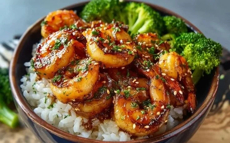 Honey Garlic Shrimp Bowls with vegetables and rice on a rustic table