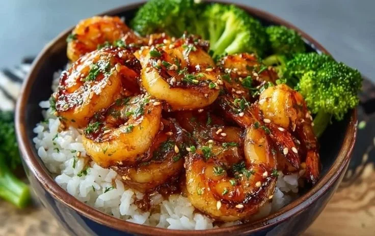 Delicious honey garlic shrimp served in a bowl with vegetables and rice
