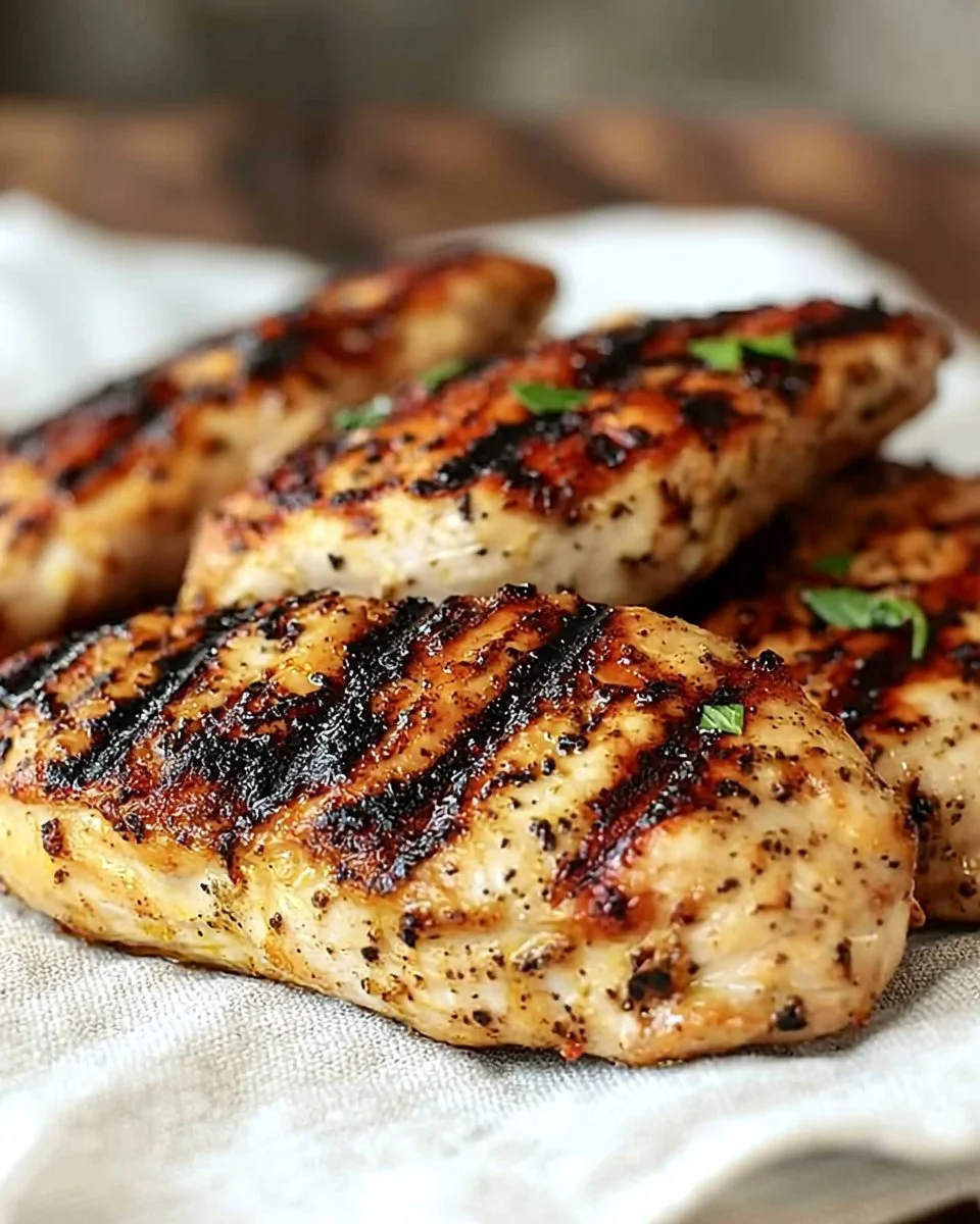 Delicious grilled chicken breasts garnished with herbs on a barbecue grill.