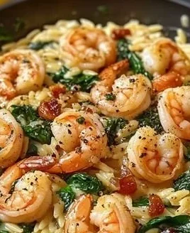 Creamy shrimp orzo dish garnished with herbs, served in a bowl.