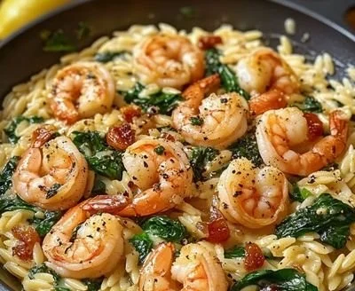 Creamy shrimp orzo dish garnished with herbs, served in a bowl.