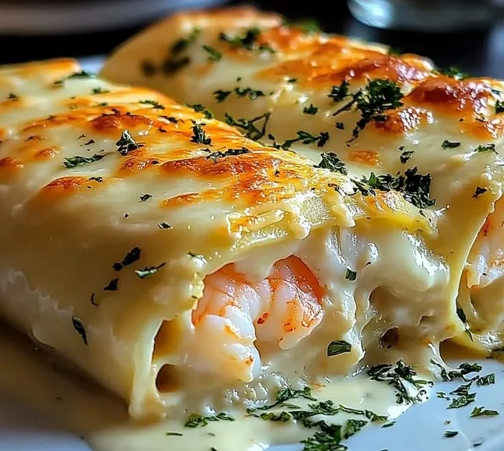 Delicious Shrimp Crab Alfredo Lasagna Roll-Ups ready to serve