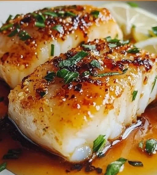 Irresistible baked honey marinated cod served with fresh herbs.