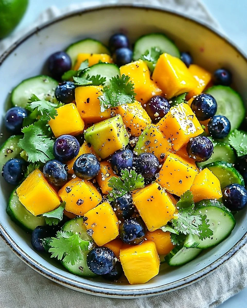 Juicy Mango Cucumber Salad with Blueberries and Avocado Delight