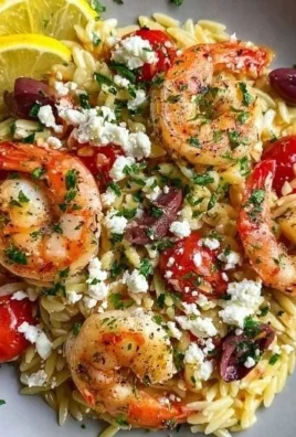 Plate of Lemon Feta Orzo Shrimp garnished with fresh herbs and lemon slices.
