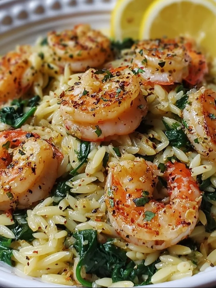 Lemon Garlic Shrimp served with Spinach Orzo on a plate
