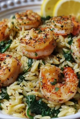 Lemon Garlic Shrimp served with Spinach Orzo on a white plate