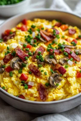 Plate of loaded scrambled eggs with toppings
