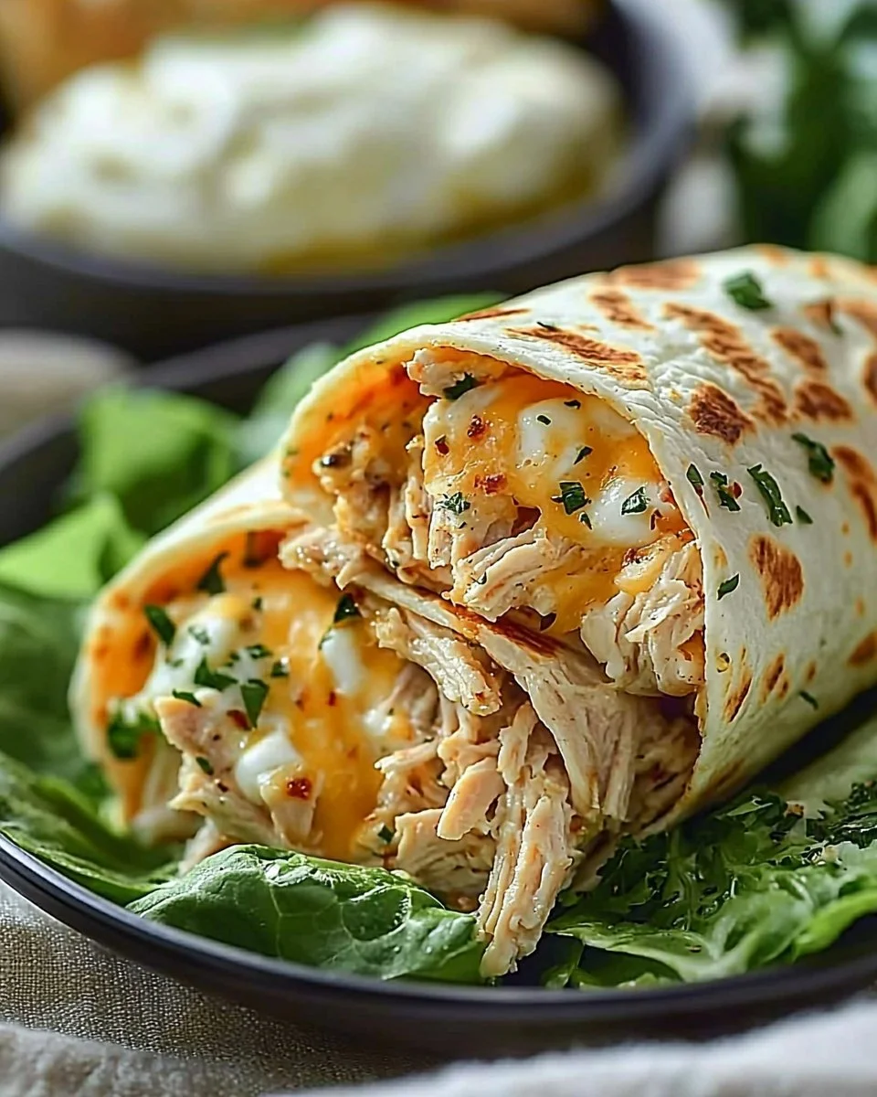 Low Carb Cheesy Garlic Chicken Wraps served on a plate with fresh herbs