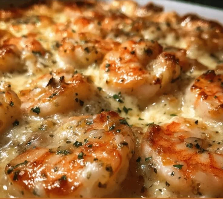 Low-Carb Shrimp Tuscan Bake dish with shrimp, spinach, and creamy sauce