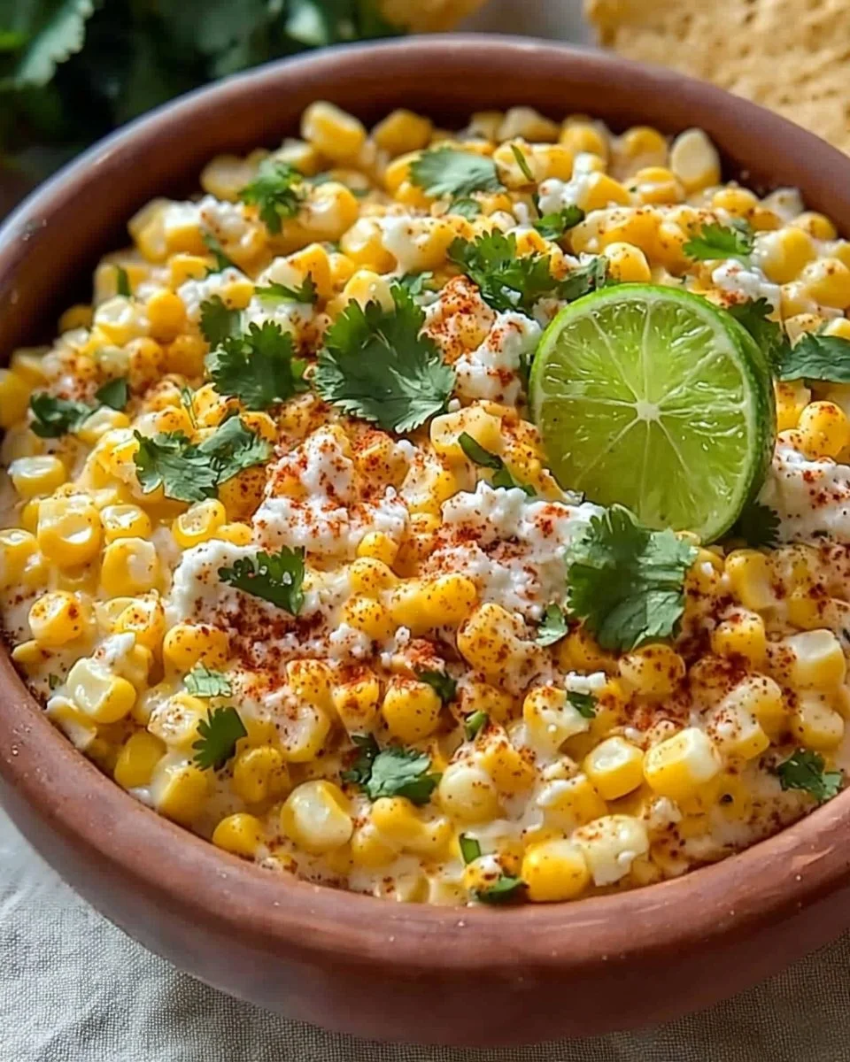 Delicious Mexican Street Corn Dip in a bowl with garnishes