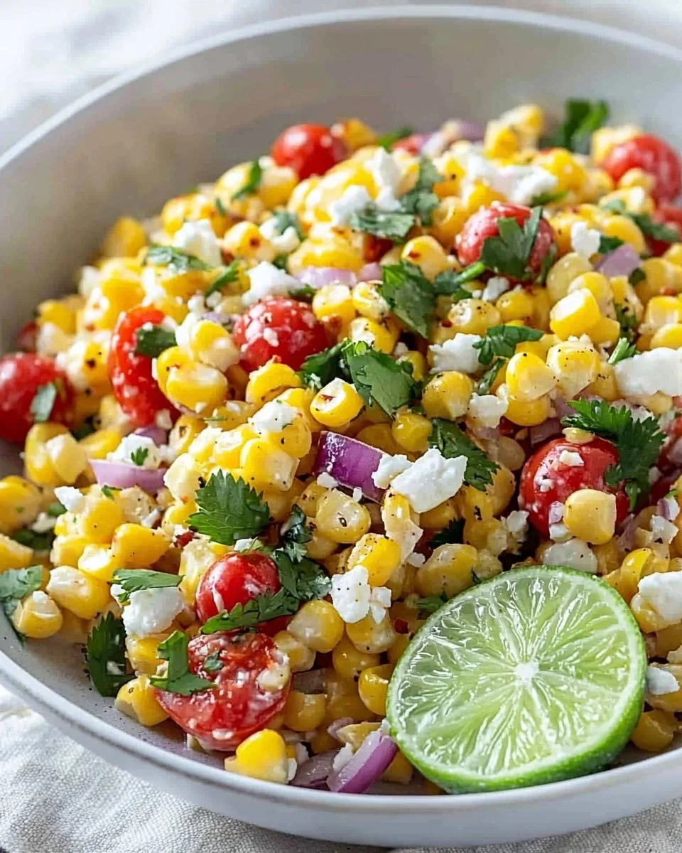 A vibrant Mexican street corn salad topped with cilantro, cheese, and lime.