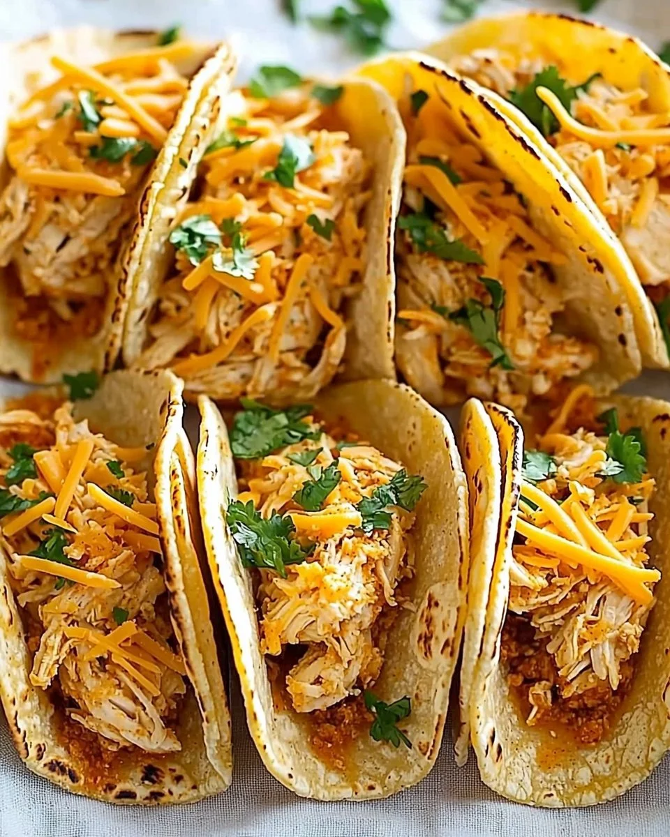 Mini baked chicken tacos on a plate, garnished with fresh toppings