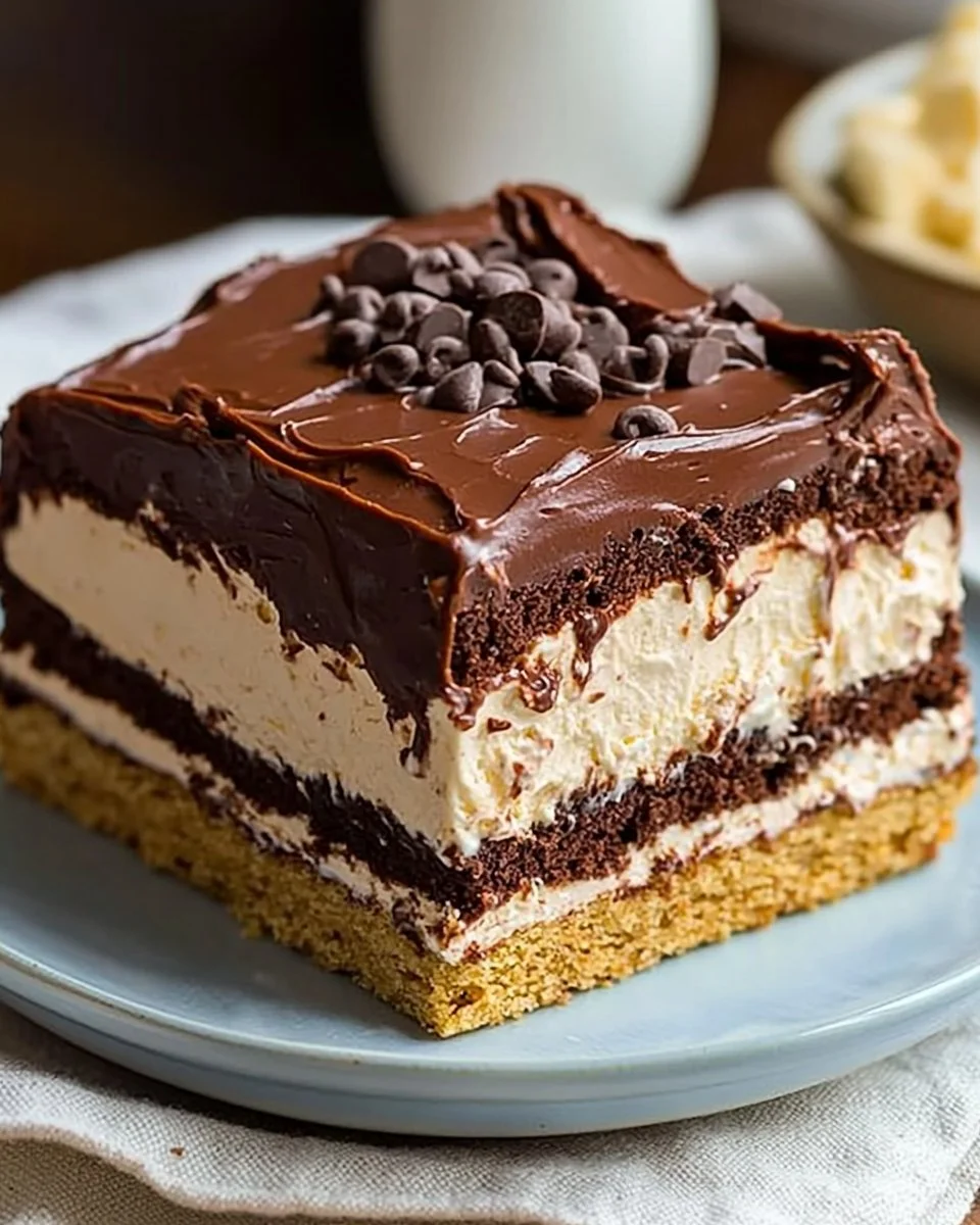 No bake chocolate eclair cake with layers of chocolate and cream