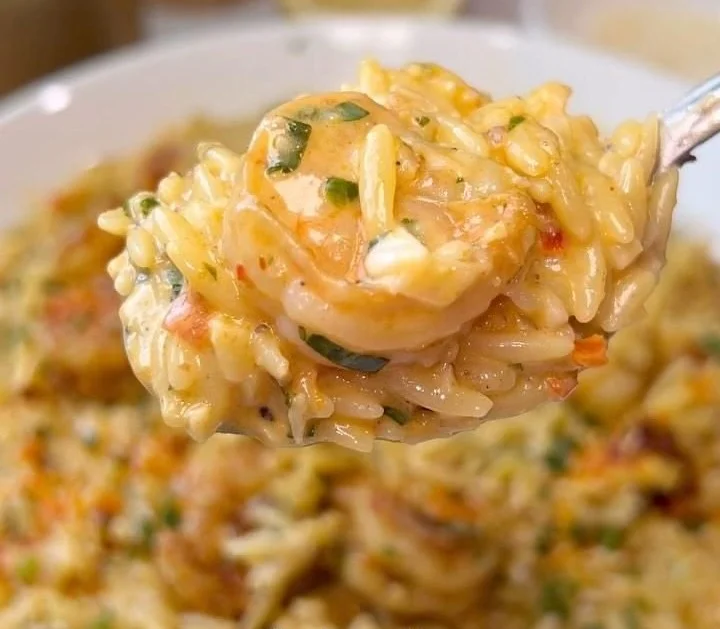 One-pan creamy lemon orzo with shrimp dish served in a bowl