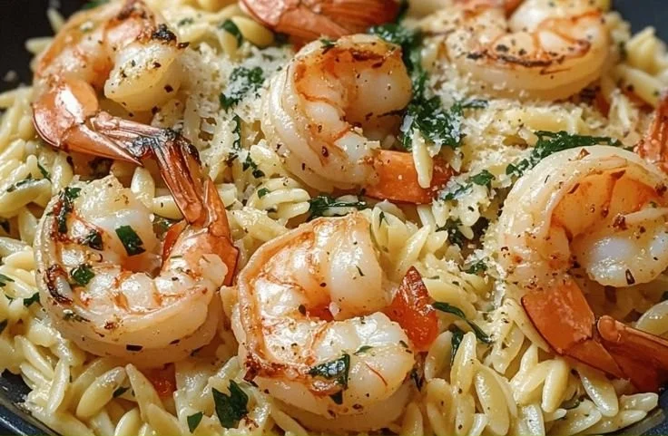 One Pan Parmesan Orzo with Shrimp recipe featuring creamy orzo and shrimp dish.