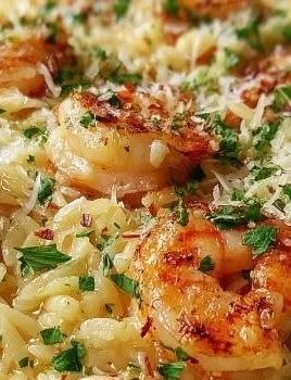 One Pan Parmesan Orzo with Shrimp garnished with parsley and lemon.