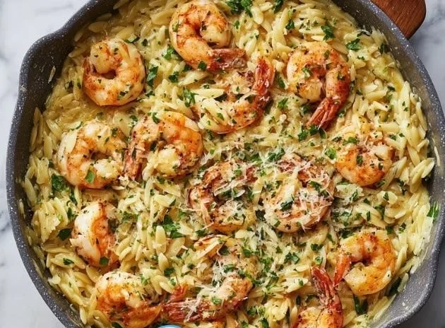 One pan dish featuring creamy Parmesan Orzo with shrimp, garnished with parsley.