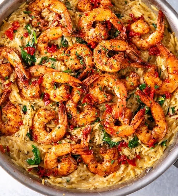 One Pot Marry Me Shrimp and Orzo Pasta dish with fresh ingredients