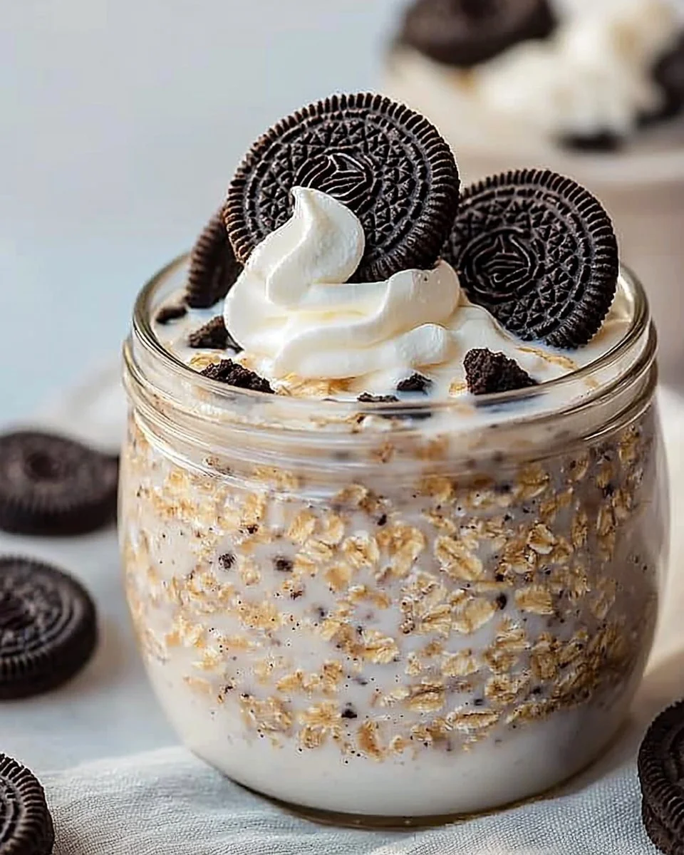 Delicious OREO overnight oats served in a glass with chocolate and cookie toppings.
