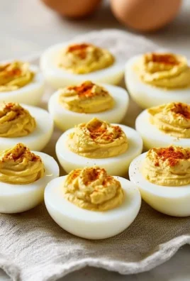 Platter of Paula Deen deviled eggs garnished with paprika and herbs