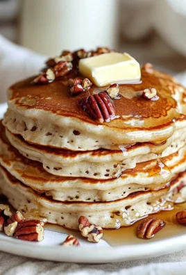 Delicious pecan pancakes stacked on a plate with syrup and nuts