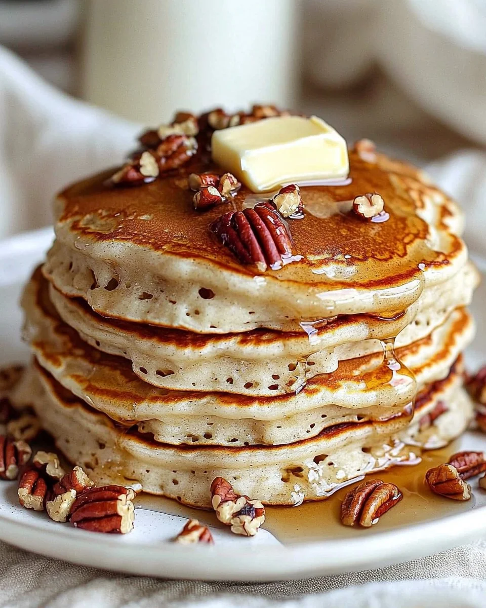Delicious pecan pancakes stacked on a plate with syrup and nuts