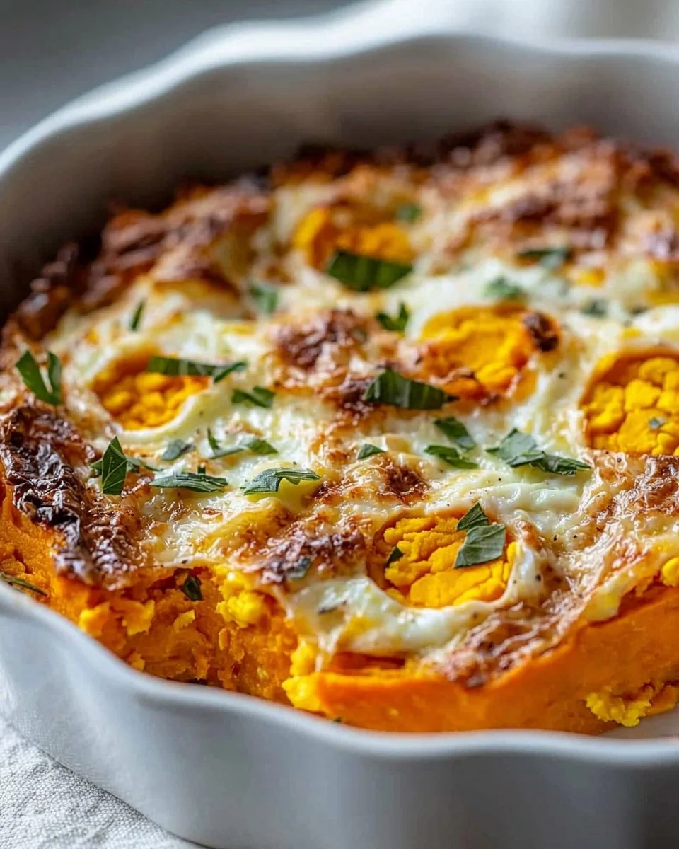 Protein-packed sweet potato egg casserole topped with herbs and spices.
