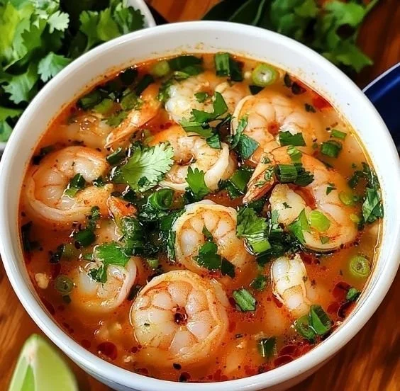 A bowl of quick and spicy shrimp soup garnished with fresh herbs.
