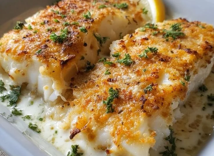 Quick baked cod topped with mayo and parmesan, a tasty seafood dish.