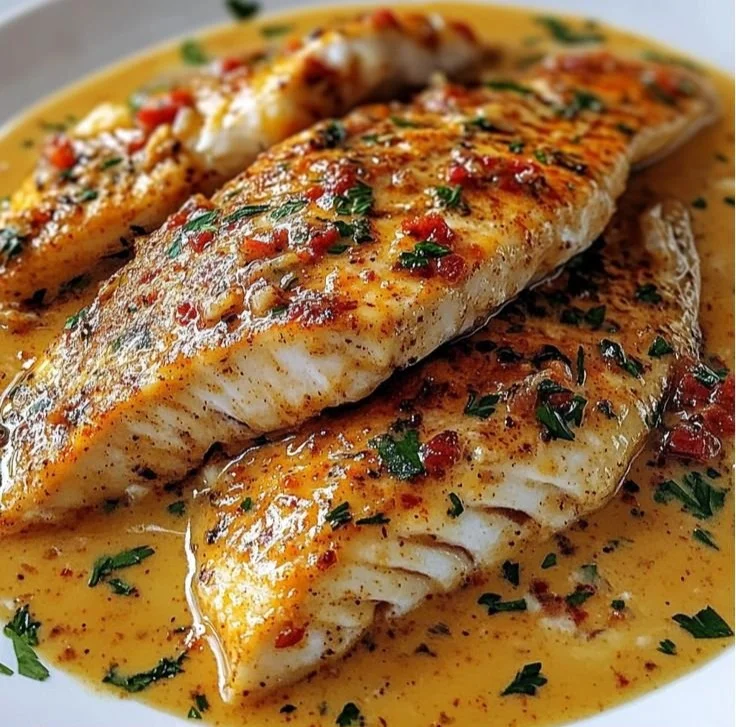 Plated Red Snapper with Creamy Creole Sauce garnished with herbs