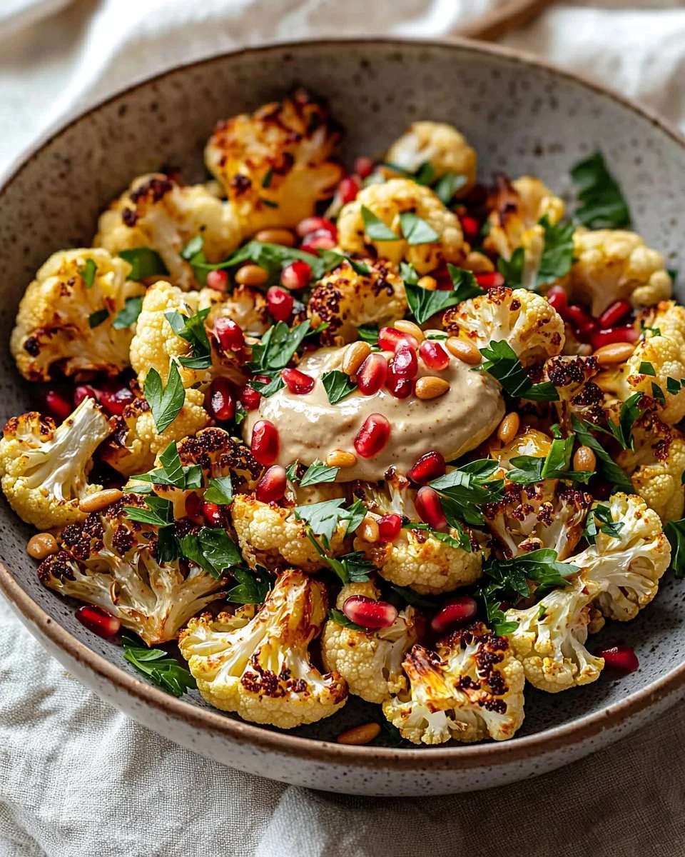 Delicious roasted cauliflower tahini salad served in a bowl with fresh greens.