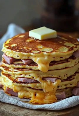 Savory ham-cheese pancakes topped with herbs on a white plate.