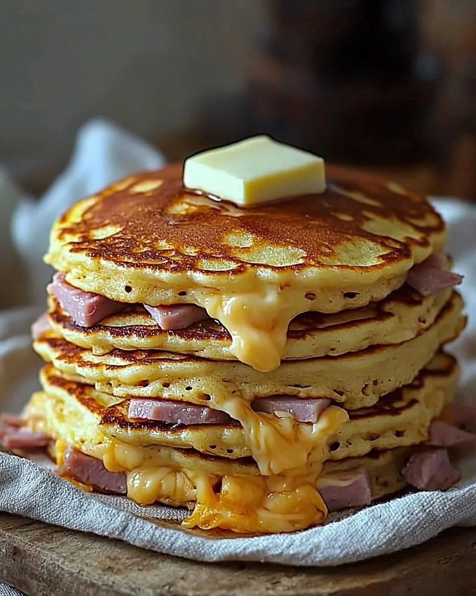 Savory ham-cheese pancakes topped with herbs on a white plate.