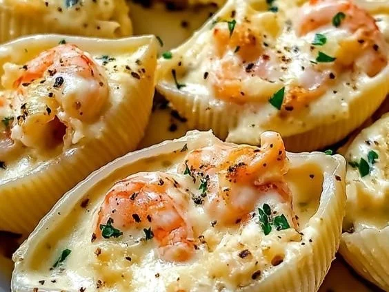 Delicious Seafood Stuffed Shells filled with shrimp and crab in creamy sauce